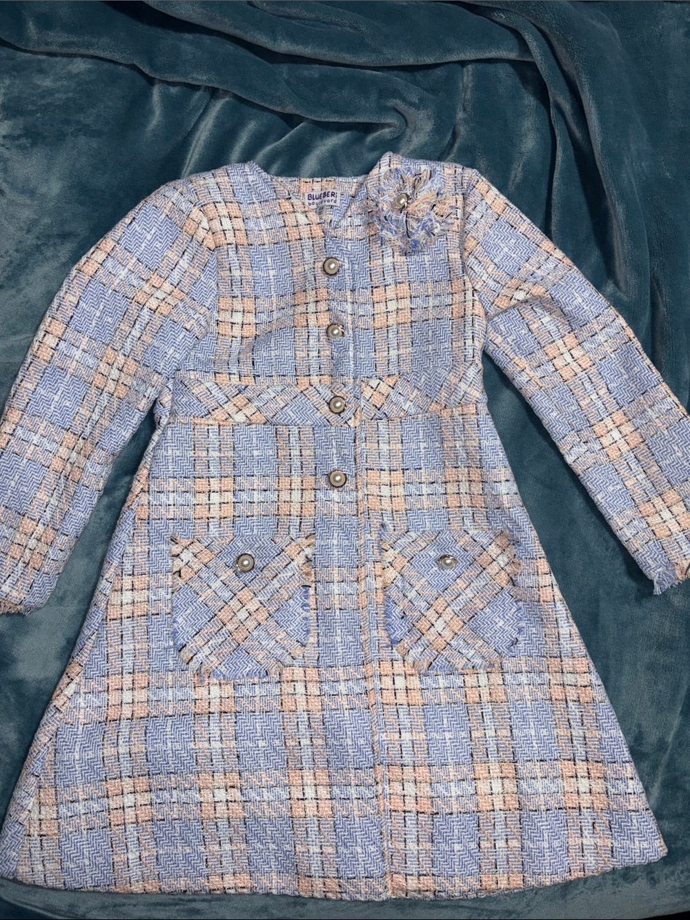 Blueberi Boulevard Light Blue & Cream Plaid Tweed Coat Dress